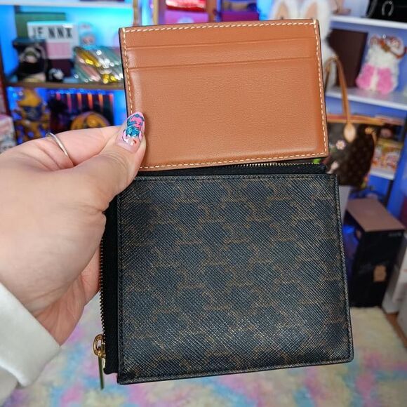 Celine Zip TRIOMPHE Canvas Wallet W/ Lamb Skin Leather Brown Card Holders Set - Picture 3 of 13